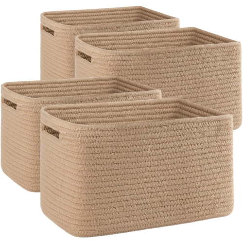 4 Pack Storage Baskets for Organizing, Woven Baskets for Shelves - Perfect for Toys, Books, Towels, and Clothes, Durable Gift Basket Bins Toy Storage, 12.7''Lx9''Wx7.8''H, Brown & White