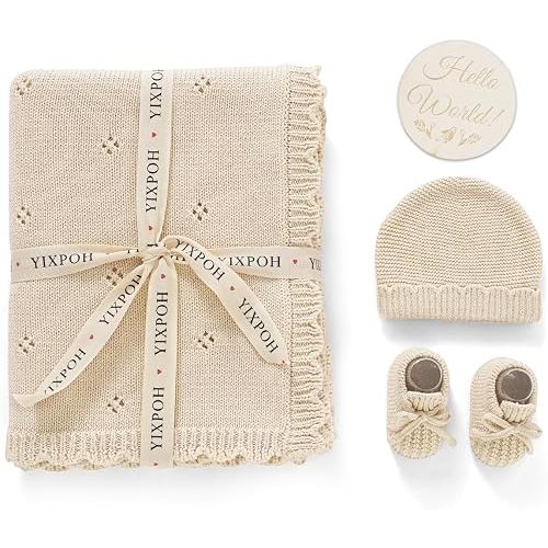 Organic Cotton Baby Blanket Knit Beanie Hat Booties Set Newborn Swaddle Receiving Blanket for Boy Girls with Wooden Hello World Sign