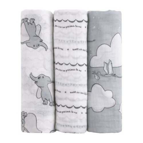 NoJo Disney Dumbo Gray and White 3 Piece Muslin Swaddle Baby Blanket Set