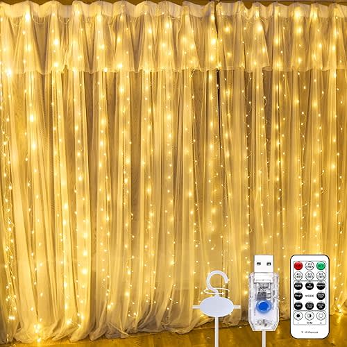 Warm White Curtain Light for Bedroom, 300 LED 9.8ft x 9.8ft Window Fairy Curtain String Light with 16 Hooks, 8 Models Remote Control for Wedding Party Home Garden Indoor Decorations
