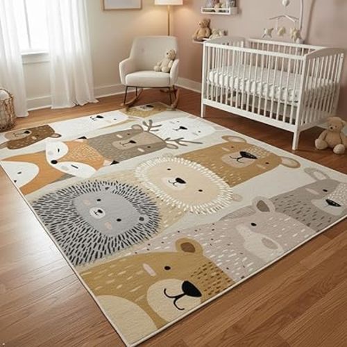 Cute Woodland Animal Rug for Kids Room - 5x8 ft Cartoon Bear Fox Lion Hedgehog Print Area Rug, Soft Non-Slip Floor Mat for Living Room, Nursery, Bedroom - Beige Brown Grey Animal Pattern Carpet