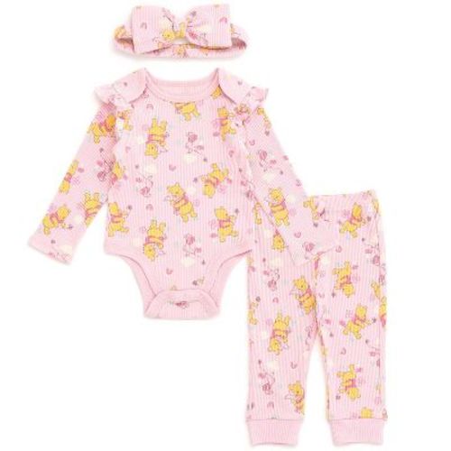 Disney Winnie the Pooh Newborn Baby Girls Ribbed Bodysuit, Jogger Pants and Headband 3 Piece Outfit Set Soft Pink Newborn