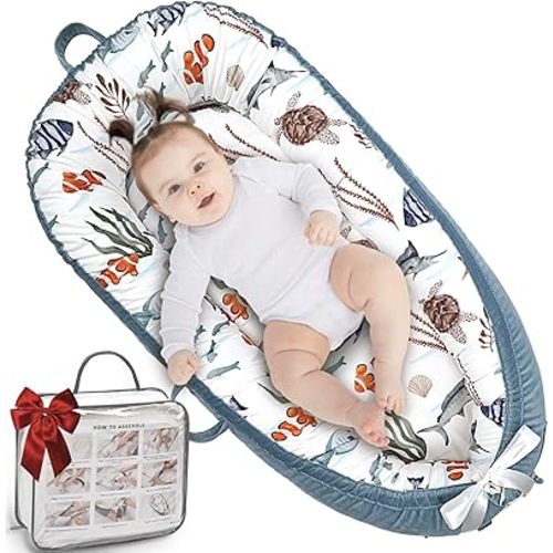 Baby Lounger, Ultra Breathable Soft Cotton Perfect for Tummy Time, Portable & Adjustable Infant Floor Seat for Traveling | Newborn Shower Gift- Ocean