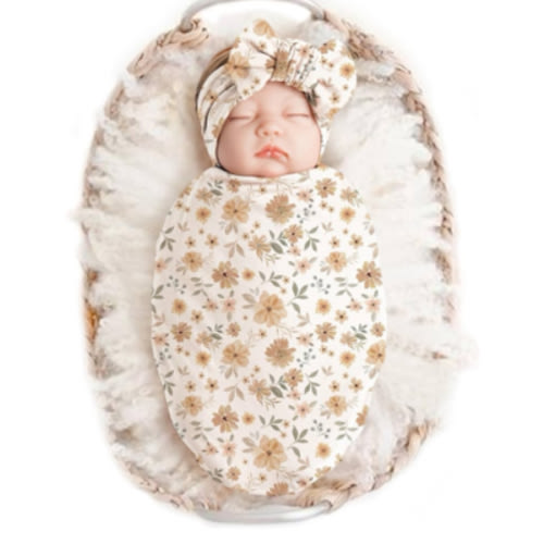 Konssy Baby Girl Newborn Receiving Blanket with Headband Set Baby Swaddle Nursery Swaddle Wrap