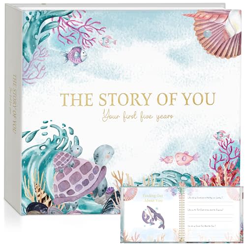 Baby Book Ocean Theme includes 3 small bags to store important items, exclusive under the sea design, Baby Books from Birth, comes in a matching box to keep your Baby Book Keepsake safe