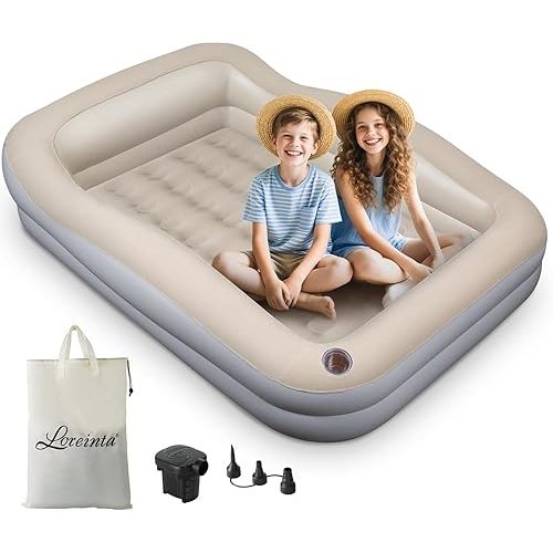 LOREINTA Inflatable Toddler Travel Bed – Portable Toddler Bed with Safety Bumpers, Toddler Floor Bed for Travel, Camping, Sleepovers – Kids Blow Up Bed with Pump & Carry Bag