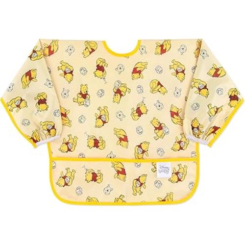 Bumkins Disney Sleeved Bib for Girl or Boy, Baby and Toddler for 6-24 Mos, Essential Must Have for Eating, Feeding, Baby Led Weaning, Long Sleeve Mess Saving Food Catcher, Winnie the Pooh Hunny