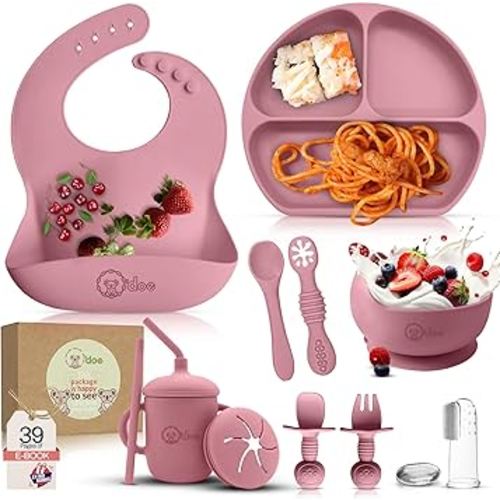o'doe 11-Piece BPA-Free Silicone Baby Feeding Set | Thick & Soft Suction Plates, Baby Bowls, Wooden Fork & Spoon, and More | Make Mealtime Fun and Easy for Your Little One (Rose, V1)