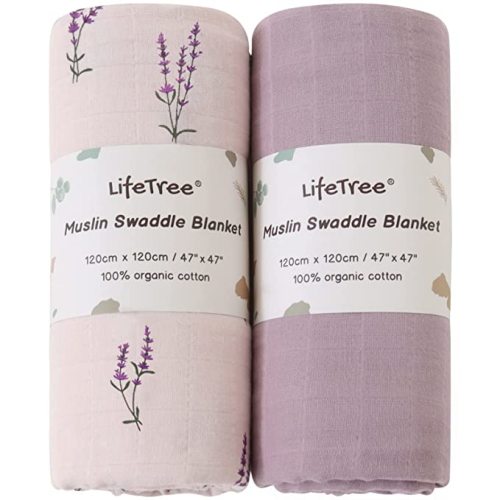 LifeTree Baby Swaddle Blankets Girls, Organic Muslin Swaddle Blankets Unisex Swaddling Wrap Receiving Blanket for Newborn, Organic Cotton, Large 47 x 47 inches, Lavender & Mauve