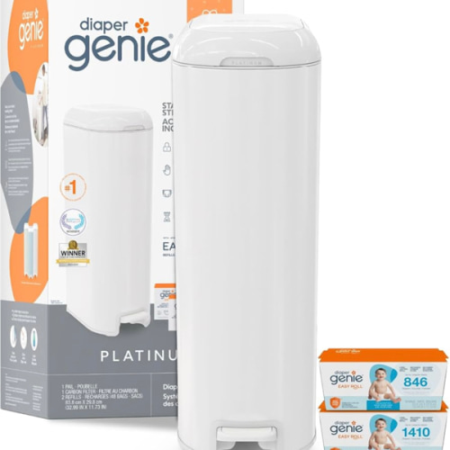 Diaper Genie Platinum Pail Gift Set, Lily White, Made of Durable Stainless Steel and Includes 2 Easy Roll Refills with 18 Bags and 30 Bags