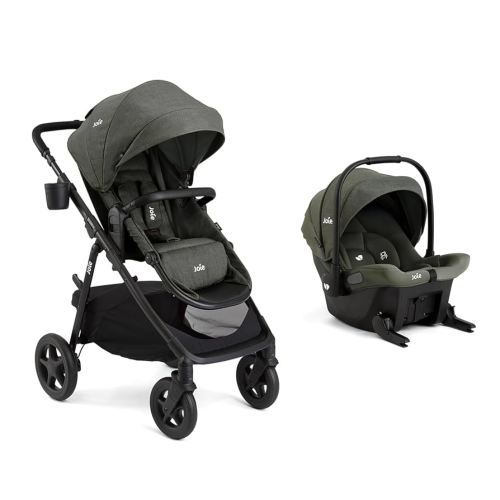 Joie Ginger and Mint Latch Travel System – 4-in-1 Travel System with Base-Free Infant Car Seat & Stroller, Built-in Latch for Easy Install and an Included All-Terrain Stroller (Evergreen)