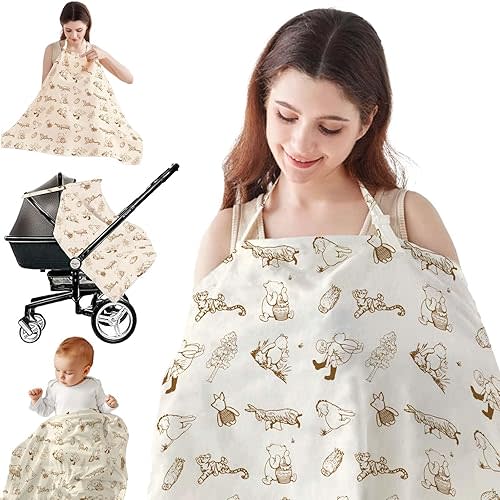 Nursing Cover for Breastfeeding, Nursing Apron,Breathable Breastfeeding Cotton Cover up with Arch Neckline for Women, Soft Car Seat Canopy,Pooh Bear New Mom Gifts(Pooh)