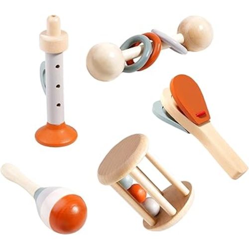 Wooden Baby Rattle, Organic Colorful Baby Rattles Set, Toddler Hand Wooden Rattles Toy Set for Infant Grasping, Sensory Development, Gift for Baby Boys Girls