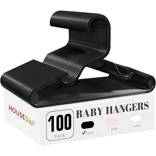 HOUSE DAY Baby Hangers 100 Pack - Durable Plastic Infant & Kids Clothes Hangers, Thin Compact Space-Saving Design for Nursery/Children's Closet, Toddler Small Hangers Black (Infant/Baby/Toddler/Kids)