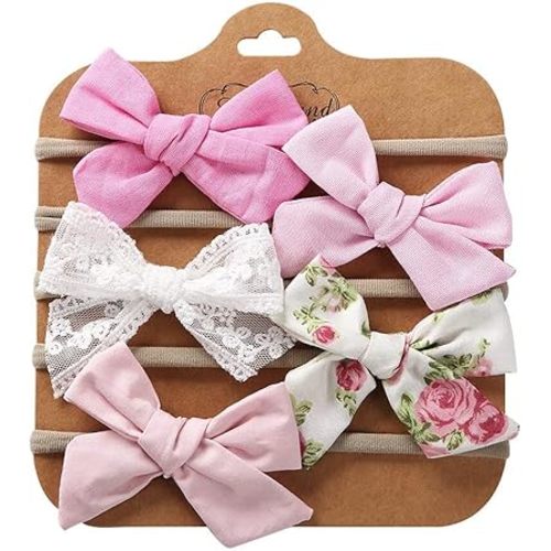 Baby Headbands for Girls, 5 Pack Spring Summer Soft Elastic Lace Flower Hair Bows Hairbands Hair Accessories for Baby Newborn Infant Toddlers Kids Girls