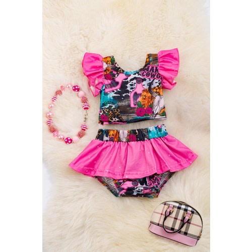 Baby Girls 2 Piece Pink Western Summer Outfit Set Rodeo Mamas Cowgirl Cow Print Cheetah