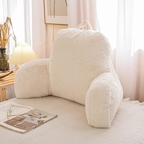 NTBED Faux Fur Reading Pillow Large Adult Teens Back Rest Pillow with Arms, Bedrest Pillow for Sitting Up in Bed (Ivory,Large)