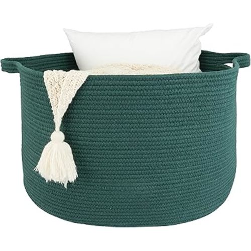 Large Cotton Rope Basket – 22"x14" Woven Storage Basket for Blankets, Toys, Laundry, and Nursery – Round Baskets for Living Room and Kids Dark Green