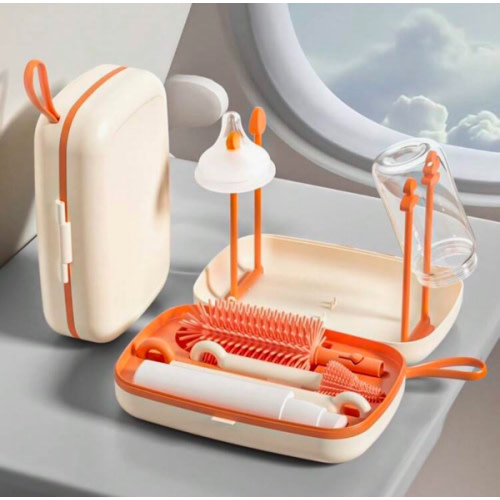 Portable Drying Rack Multi-Functional Baby Bottle Brush Silicone Travel Portable Baby Bottle Nipple Straw Brush Set