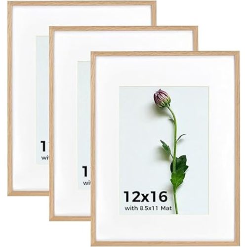12x16 Frame Set of 3, Solid Oak Wood 12 x 16 Picture Frames with Plexiglass, Display Poster 8.5x11 with Mat or 12x16 without mat Wall Hanging Collage frame Wall Decor