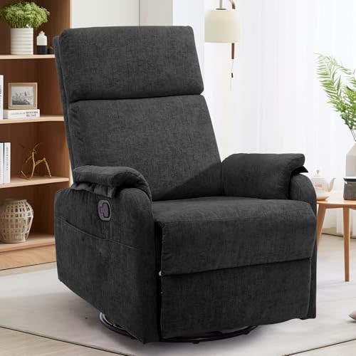 Korser Recliner Chairs, Swivel Rocking Recliner Chair for Adults, Glider Rocking Chair, Small Nursery Chair Recliner for Living Room, Reclining with Modern-Designed Armrests, Chenille, Black