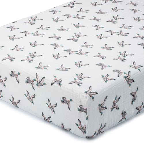 LollyBanks Muslin Crib Sheet 1 Pack, 100% Cotton Soft and Breathable Fitted Crib Sheet for Boys and Girls, Cozy and Snug Neutral Baby Sheets for Standard 52 x 28 inches Mattress (Mallard Duck Print)