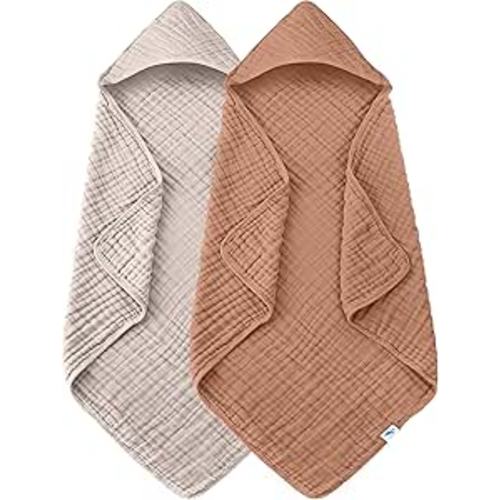 SWEET DOLPHIN Muslin Hooded Baby Bath Towels - 2 Pack 100% Cotton Towel for Babies, Infants, Toddlers - 32x32Inch - Highly Absorbent and Newborn Essential, Light Bean Paste