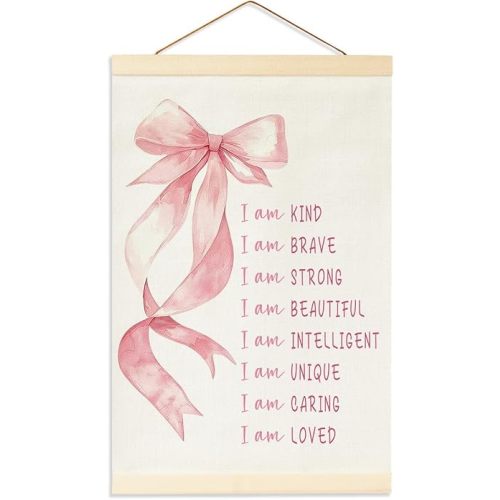 Fisahat Pink Bow Wall Decor for Girls Room, Preppy Positive Affirmations Wall Decor Banner, Excellent Room Decoration for Teen Girls, Bedrooms, I Am Strong, Brave, Hanging Flag Banner