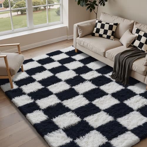 PureCozy Checkered Rug 5x8 for Living Room, Black and White Modern Shag Rug Super Soft Washable Indoor Fuzzy Carpet Non-Slip Fluffy Rugs for Bedroom Home Aesthetic Decor