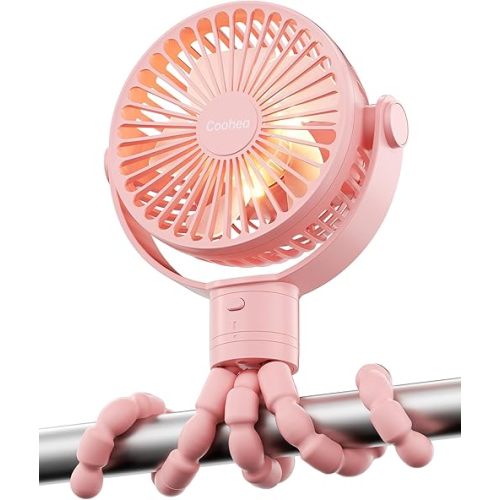Coohea Stroller Fan Rechargeable Battery Powered Portable Fans, Head Detachable 360° Rotatable Clip on Fan, 3 Speed Quiet Small Mini Fans with Light Night for Carseat, Bed, Crib, Bike, Travel, Pink