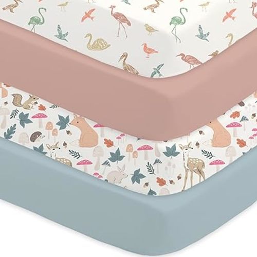 Bimocosy Crib Sheets for Boys Girls, Fitted Crib Sheet 4 Pack for Standard Crib and Toddler Mattresses, Super Soft Breathable Microfiber Baby Sheet 28x52x8in, Wetland Birds/Squirrel/Mauve/Fog Blue