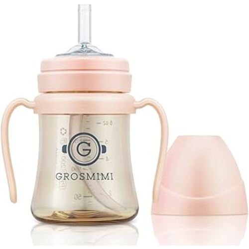 GROSMIMI Spill Proof no Spill Magic Sippy Cup with Straw with Handle for Baby and Toddlers, Customizable, PPSU, BPA Free 6 oz (Peach)
