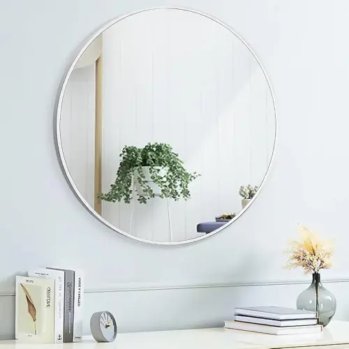 20" Round Mirror Circle Wall Mounted Hanging or Against Wall Metal Frame Dressing Make-up Mirrors for Entryway Bedroom Bathroom Living Room 20 inch Silver