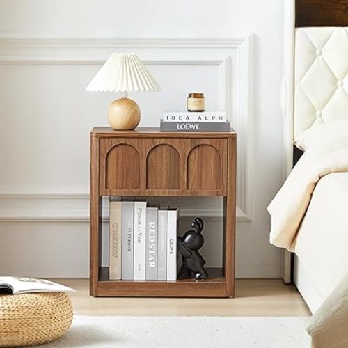 Wood Nightstand, 19.69" Wide Bedside Table with Arched Finish, Modern Night Stands with Curved Profile, Mid Century End Table for Bedroom Living Room (Walnut)