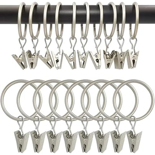 100 Pack Matte Silver Curtain Rings with Clips, Curtain Hooks Hangers Clip Rings for Hanging Drapes Bows Hat, Drapery Rings 1.26 in I D, Fits up to 1 in Diameter Curtain Rod.