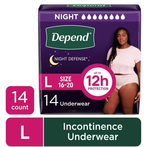 Depend Night Defense Incontinence Underwear for Women, Adult Diapers, L, 14 Count HSA/FSA Eligible