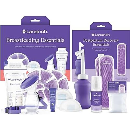 Lansinoh Breastfeeding Essentials and Postpartum Recovery Bundle, Includes Nipple Cream, Nursing Pads, Silicone Breast Pump, Breastmilk Storage Bags, Peri Bottle, Hot & Cold Postpartum Packs, and More