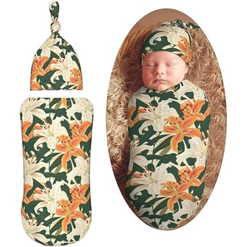 Modern Lily Flowers Floral Newborn Swaddle Blankets Hat Sets Soft Baby Receiving Blanket Swaddle Sack for Baby Shower Infant Boy Girl Gift