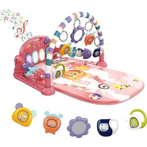 dearlomum Baby Play Mat Baby Gym,Funny Play Piano Tummy Time Baby Activity Mat with 5 Infant Sensory Baby Toys, Music and Lights Boy & Girl Gifts for Newborn Baby 0 to 3 6 9 12 Months (Pink)