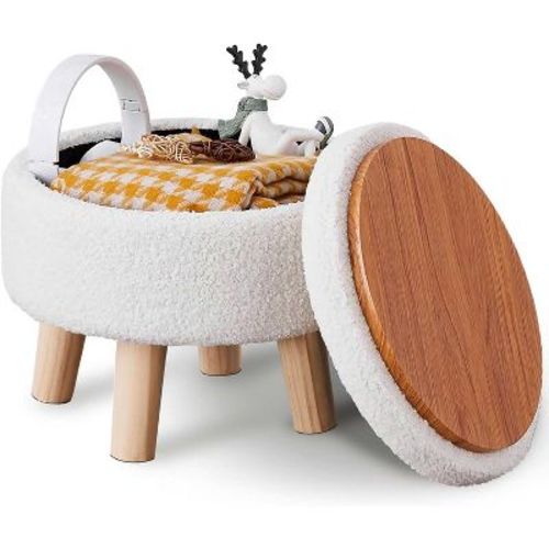 Ktmbdw Storage Ottoman, Modern Round Footrest With Soft Padded Seat, Teddy Velvet Footstool With Wood Legs For Hallway, Living Room , White