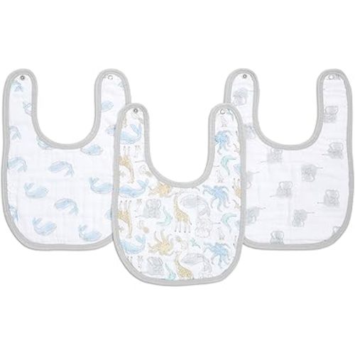 aden + anais Essentials Snap Baby Bib, 100% Cotton Muslin, 3 Layer Burp Cloth, Super Soft & Absorbent for Infants, Newborns and Toddlers, Adjustable with Snaps, 3 Pack, Natural History