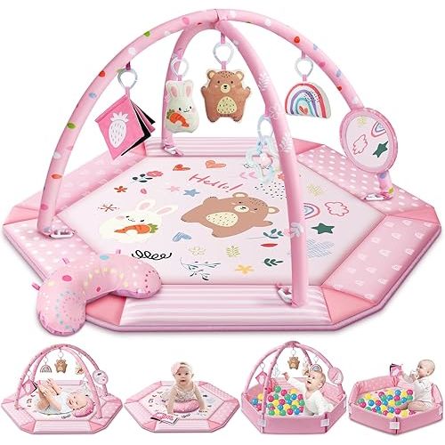 Baby Gym Play Mat, 8-in-1 Tummy Time Mat & Ball Pit with 6 Toys, Washable Baby Activity Mat for Visual, Hearing, Sensory, Motor Development, Baby Gift for Newborn Infant 0-3-6-9-12 Months (Pink)