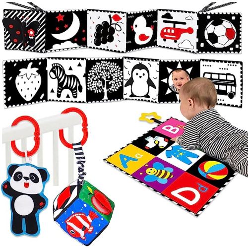 4 PCS Black and White High Contrast Baby Toys 0-3-6 Months Newborn Essential Montessori Toys for Babies Crinkle Sensory Book for Brain Development Tummy Time Mirror Infant Carseat Rattle 9 Month Gift