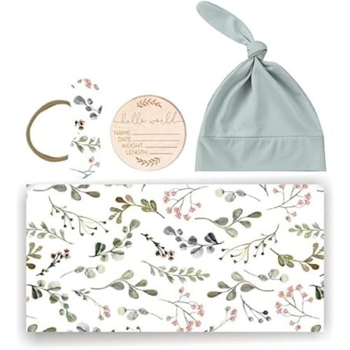 Newborn Receiving Blanket, Baby Girl Swaddling Cloth Set - Headband, Beanie Hat, Wooden Card, Nursing Swaddle Wrap Type 6