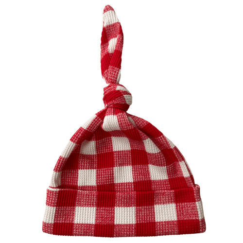 Organic Waffle Knot Beanie, Red Plaid