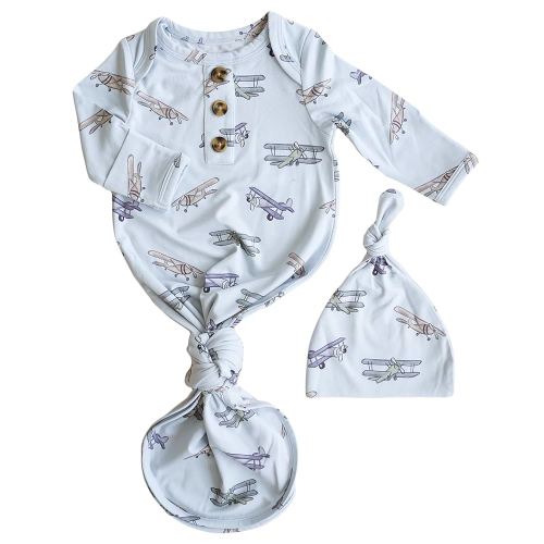Caden Lane Newborn Knotted Gown with Hat, Soft Bamboo Viscose Baby Sleep Sack, Unisex Infant Nightgown, Breathable Sleepwear