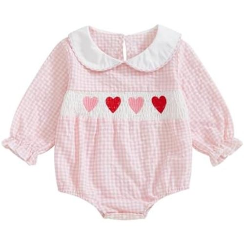 Newborn Baby Girl Plaid Bubble Romper Heart Embroidery Doll Collar Long Sleeve Smock Bodysuit Spring Fall Clothes