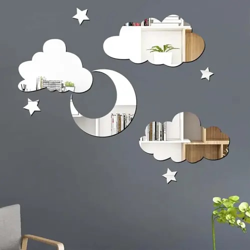 Modern Minimalist Mirror Sticker Decor, 8Pcs Acrylic Stars, Clouds & Moon Decals for Baby Kids Children's Room, Wall, Door, Shelf Decoration