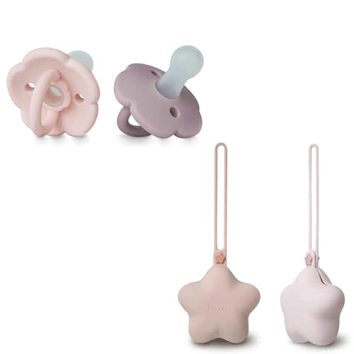 2 Pack Moonkie Silicone Pacifier Holder Case & Set of 2 BPA-Free Baby Pacifiers with Large Air Holes, Portable Storage for Babies 6 Months & Up