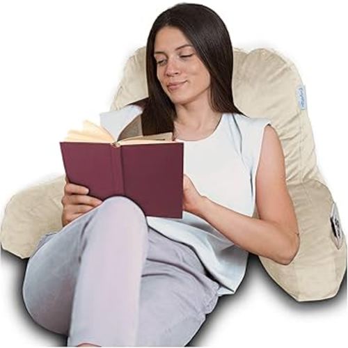 ComfortSpa Reading Pillow for Bed Adult Size, Back Rest Pillow with Arms, Pockets and Washable Cover; Use as a Back Pillow for Sitting in Bed for Bedrest or Relief from GERD Heartburn (Large Cream)